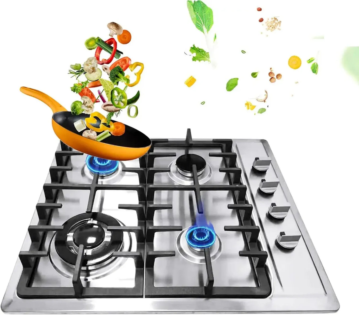 Plaque de cuisson gaz 4 feux encastrable inox pour gaz naturel, 59x51 cm, argent