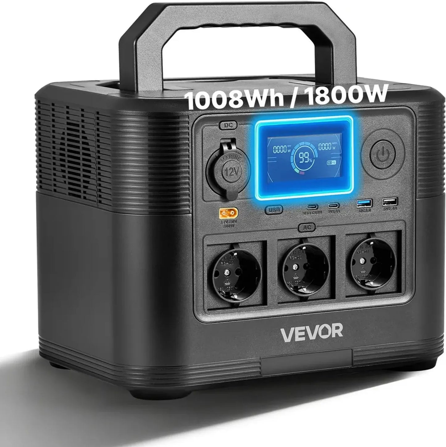 VEVOR Centrale Électrique Portable 1800W, Batterie de Secours LiFePO4 1008Wh pour Maison, Camping, et Voyages, 8 Ports de Sortie, Sans Panneau Solaire