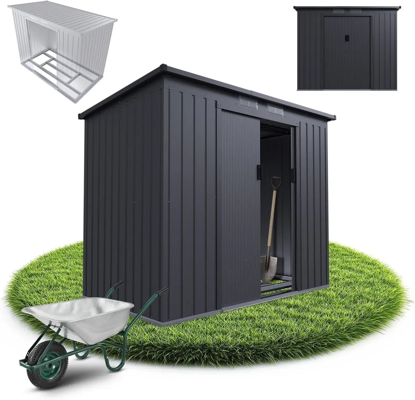 Abri de Jardin en Métal Gris Foncé avec Fondation et Porte Coulissante Verrouillable