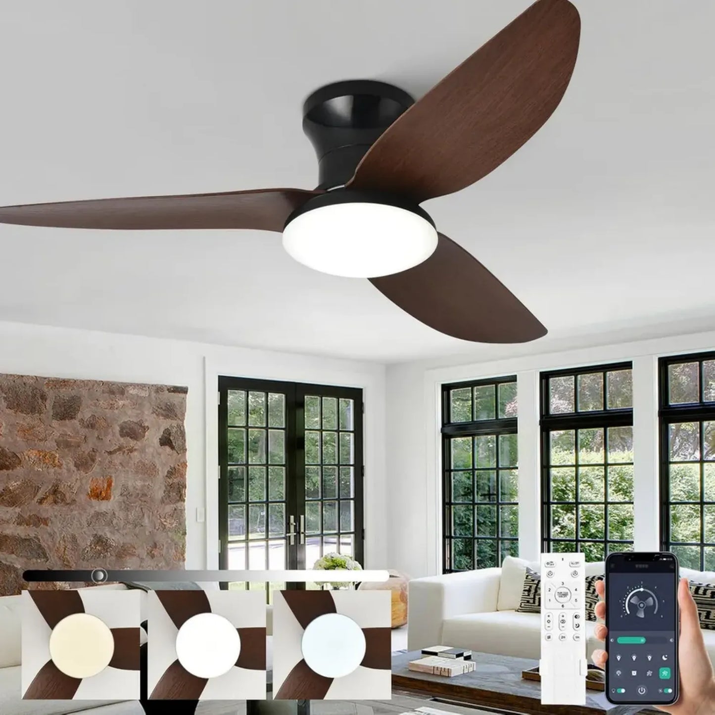 Ventilateur de Plafond LED Moderne Silencieux avec Télécommande, 100 cm, 3 Pales, 6 Vitesses Dimmables, Moteur DC Réversible, Finition Bois Noir pour Salon et Chambre