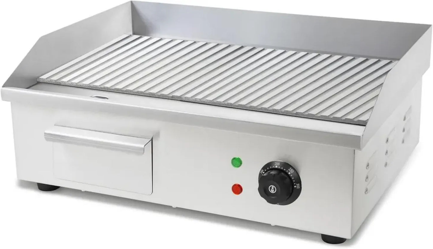 Plancha Électrique 3000W Inox avec Surface Rainurée 55x35cm, Thermostat Ajustable, 50-300°C, Protection Anti-éclaboussures