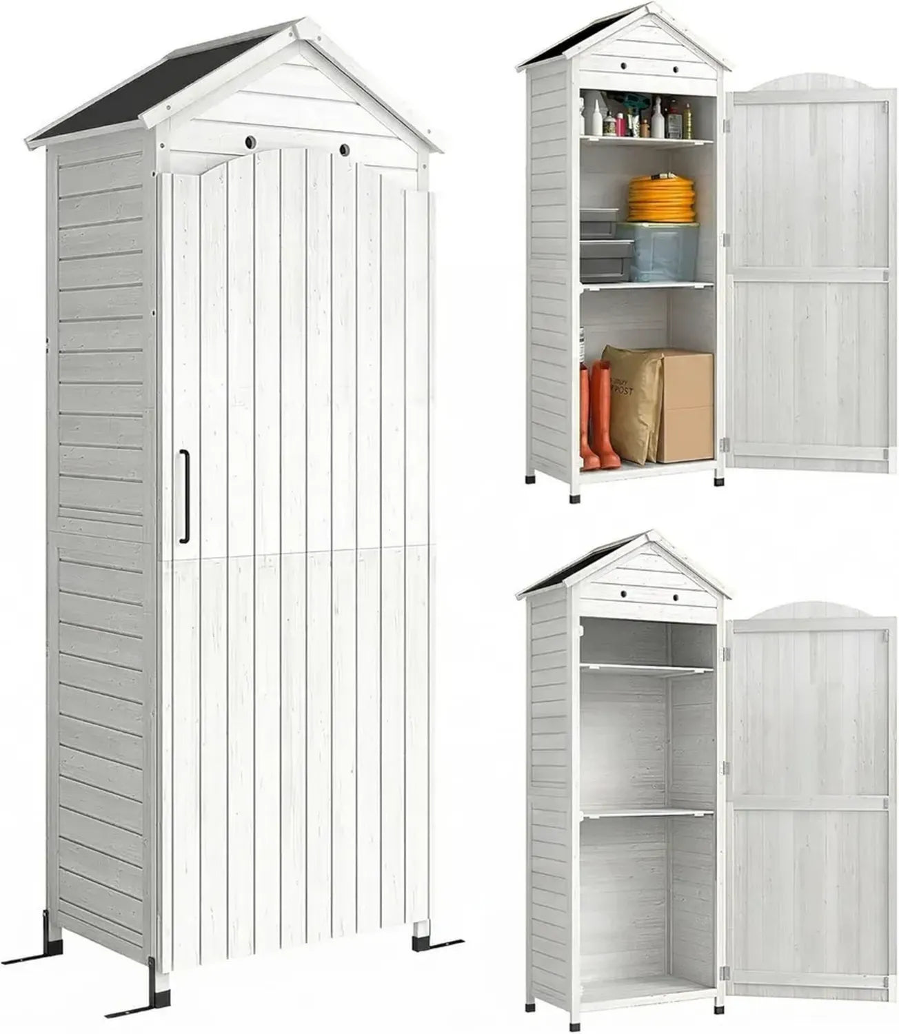 Cabane de Jardin en Bois Outsunny avec Toit Incliné, Étagères Ajustables et Aérations, 85 x 58 x 213 cm, Blanche