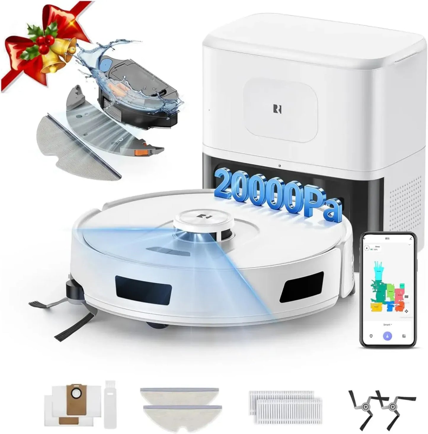 Aspirateur Robot R11 avec Station de Nettoyage, Puissance d'Aspiration 20000Pa, Vidage Automatique 90 Jours, Navigation LiDAR, Connexion WiFi 5G/2.4G