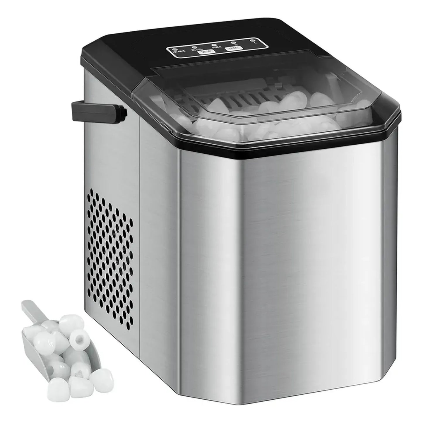 Machine à glaçons autonome 120W, produit 9 glaçons en 6 min, capacité 12 kg/24h, avec fonction autonettoyante, pelle et panier inclus, idéale pour fêtes et bureaux