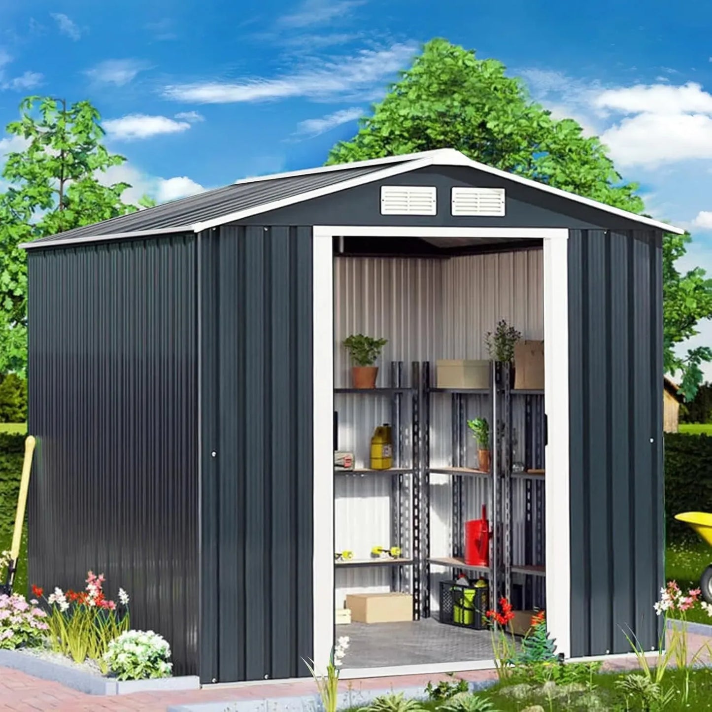 COSTWAY Abri de Jardin en Métal Gris 2,7m², Toit Incliné, Portes Coulissantes Verrouillables, Aération Incluse, Idéal pour Stockage de Vélo et Poubelle