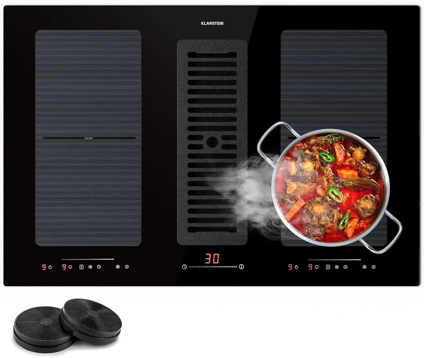 Plaque de Cuisson à Induction avec Hotte Intégrée - 4 Zones Flexibles, Commande Tactile, Aspiration Puissante 391m³/h, Efficacité Énergétique A