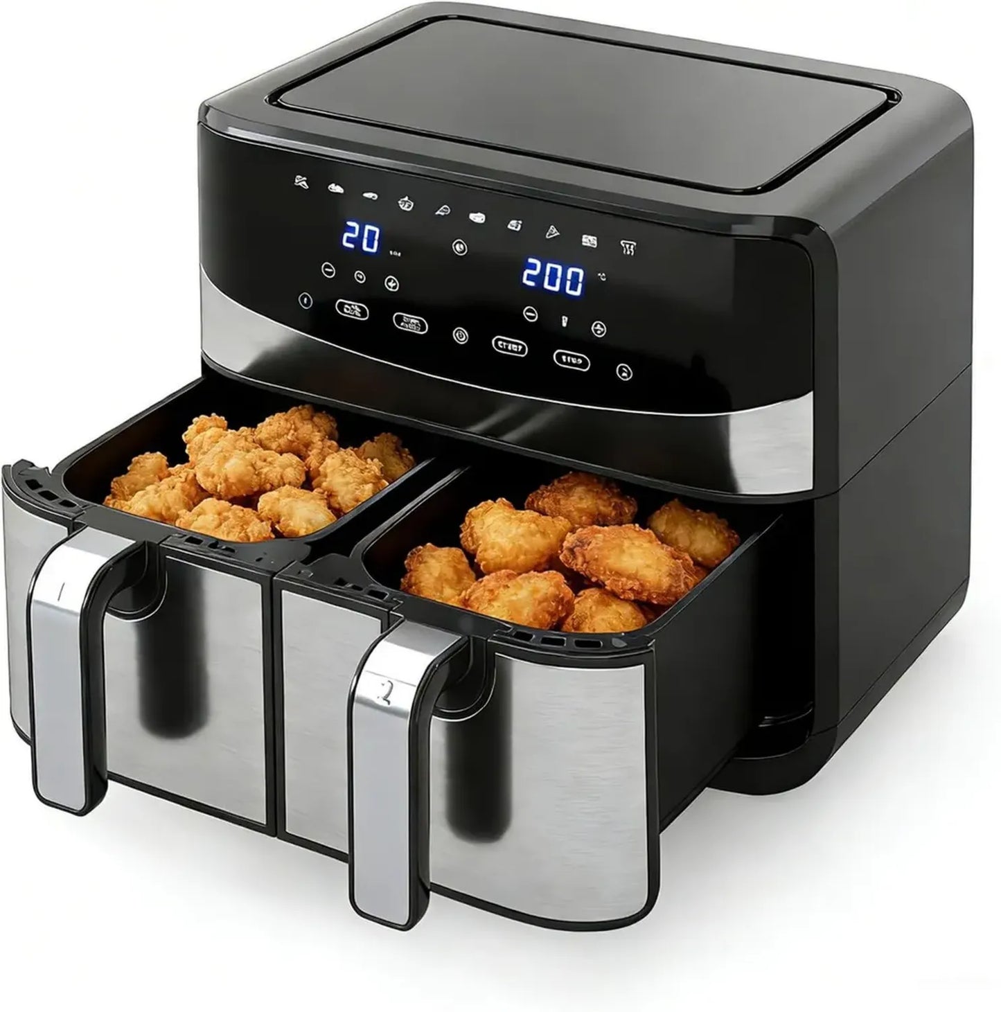 Friteuse à Air 8L 2100W, Double Compartiment, Idéale pour 8 Personnes, 10 Modes, Température 40-200°C, Panier Compatible Lave-Vaisselle
