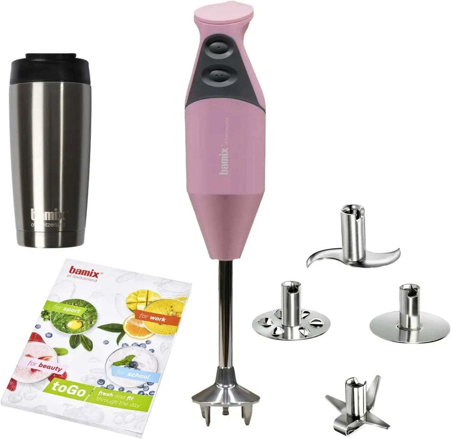 Mixeur plongeant bamix M200 toGO avec accessoires et livre de recettes, 200W, inox, 2 vitesses - Rose, Fabriqué en Suisse