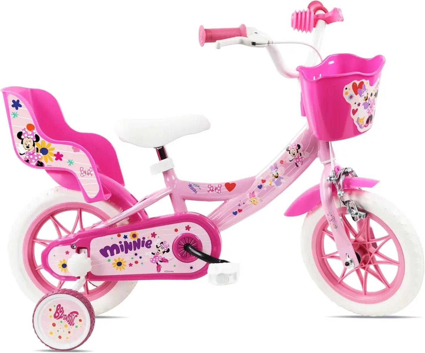 Vélo Enfant 12' Minnie avec Frein, Panier, Porte-poupée, Garde-boues, Carter et Stabilisateurs Amovibles