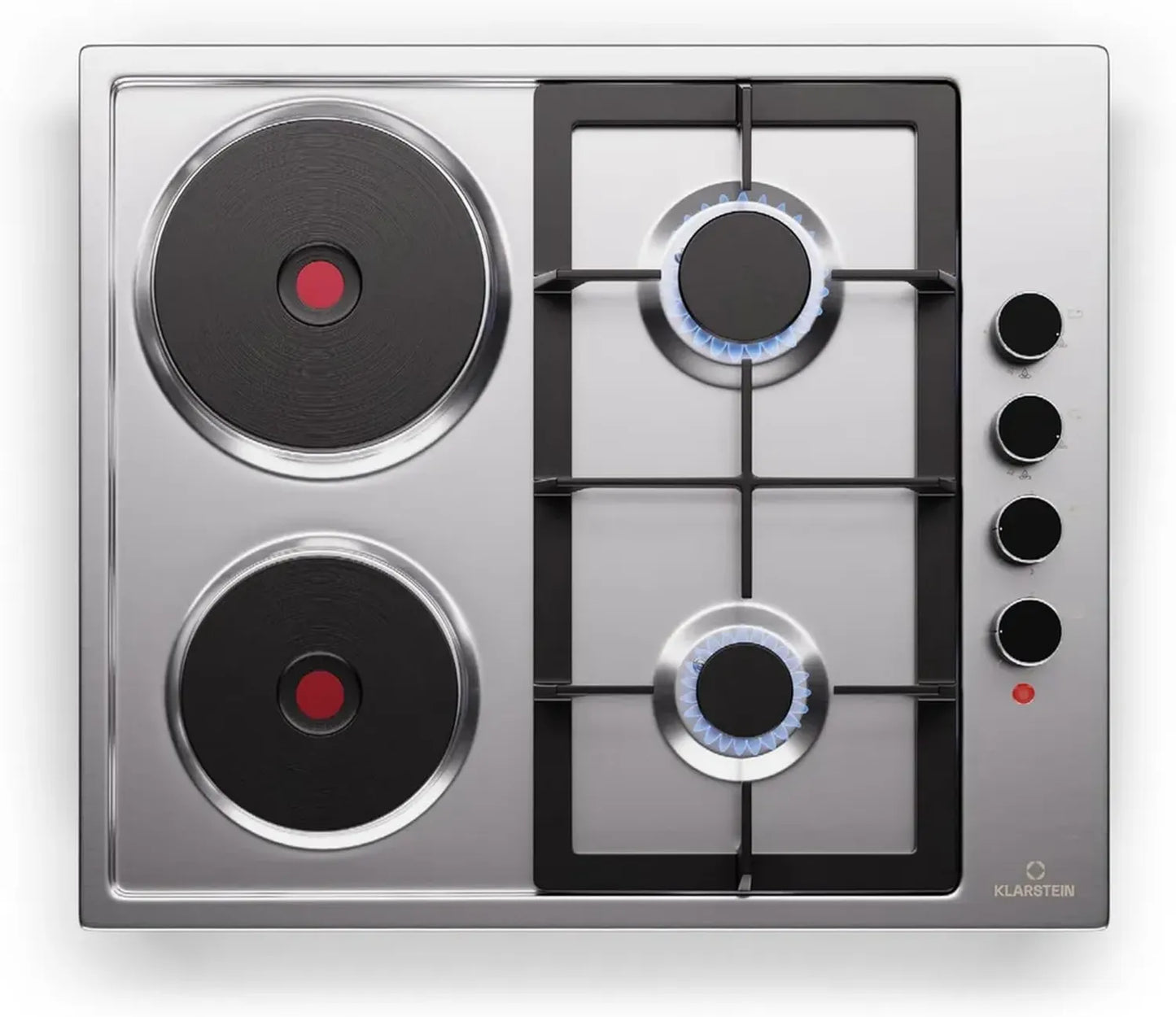 Plaque de Cuisson Mixte Klarstein MultiChef 4 Zones - 6300W, Inox, Allumage Automatique, Sécurité Enfants, Compatible Gaz naturel et GPL, Nettoyage Facile, 58x8x50 cm