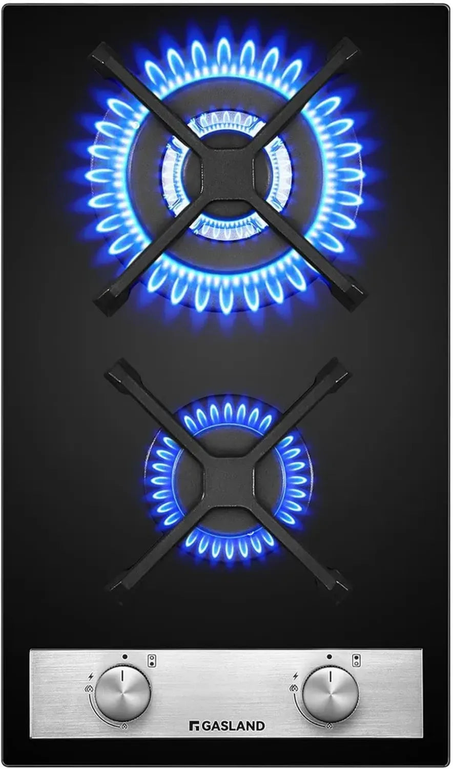 Plaque de cuisson à gaz en verre noir 30 cm, 2 feux avec brûleur Wok, 5200W, compatible LPG et gaz naturel