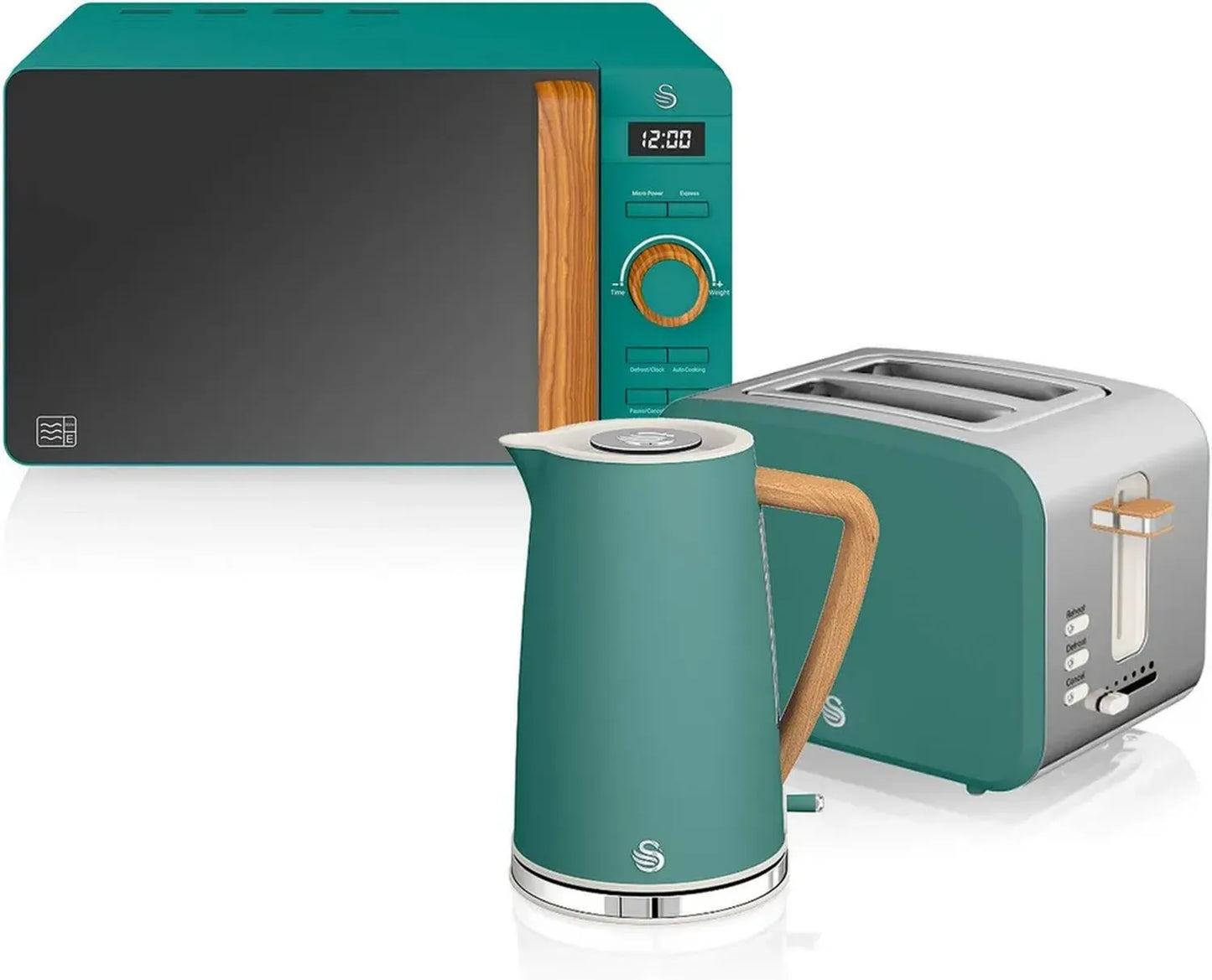 Ensemble Petit-Déjeuner Swan Nordic : Bouilloire 1,7L, Grille-Pain 2 Tranches & Micro-Ondes 20L - Effet Bois, Vert Moderne