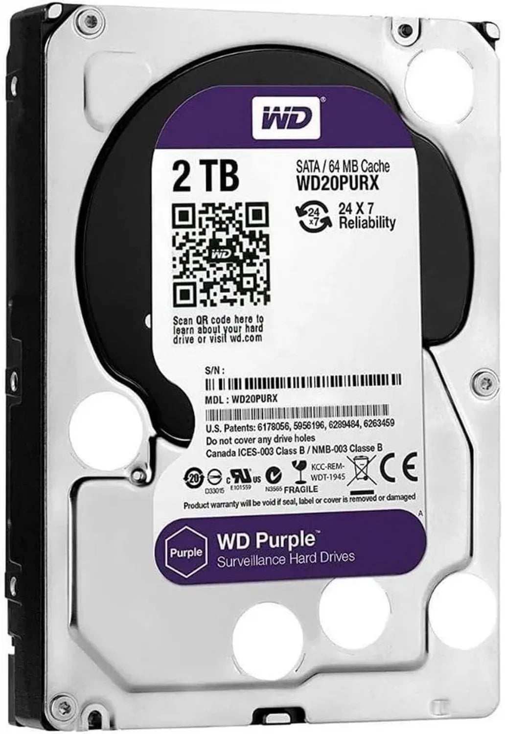 Western Digital WD Purple 2To - Disque dur interne pour vidéosurveillance Allframe 4K - 3.5' SATA, 180To/an, 64Mo Cache, 5400rpm