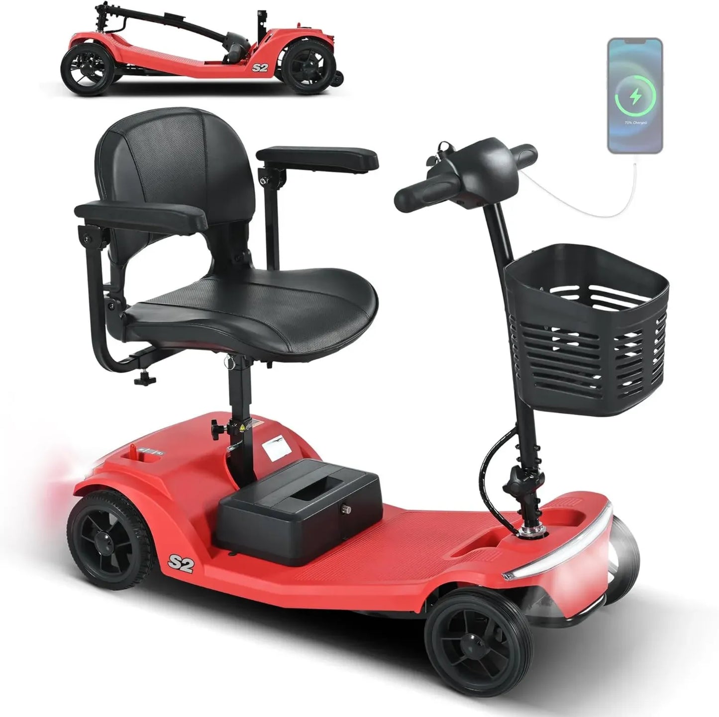 Trottinette Électrique Adulte 250W, Batterie Amovible 12AH, Autonomie 15KM, Frein Électromagnétique, LED, USB, Charge 136KG, Rouge