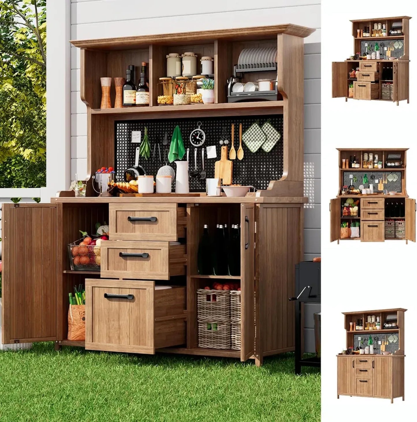 Armoire de jardin en bois robuste avec tiroirs et panneau métallique