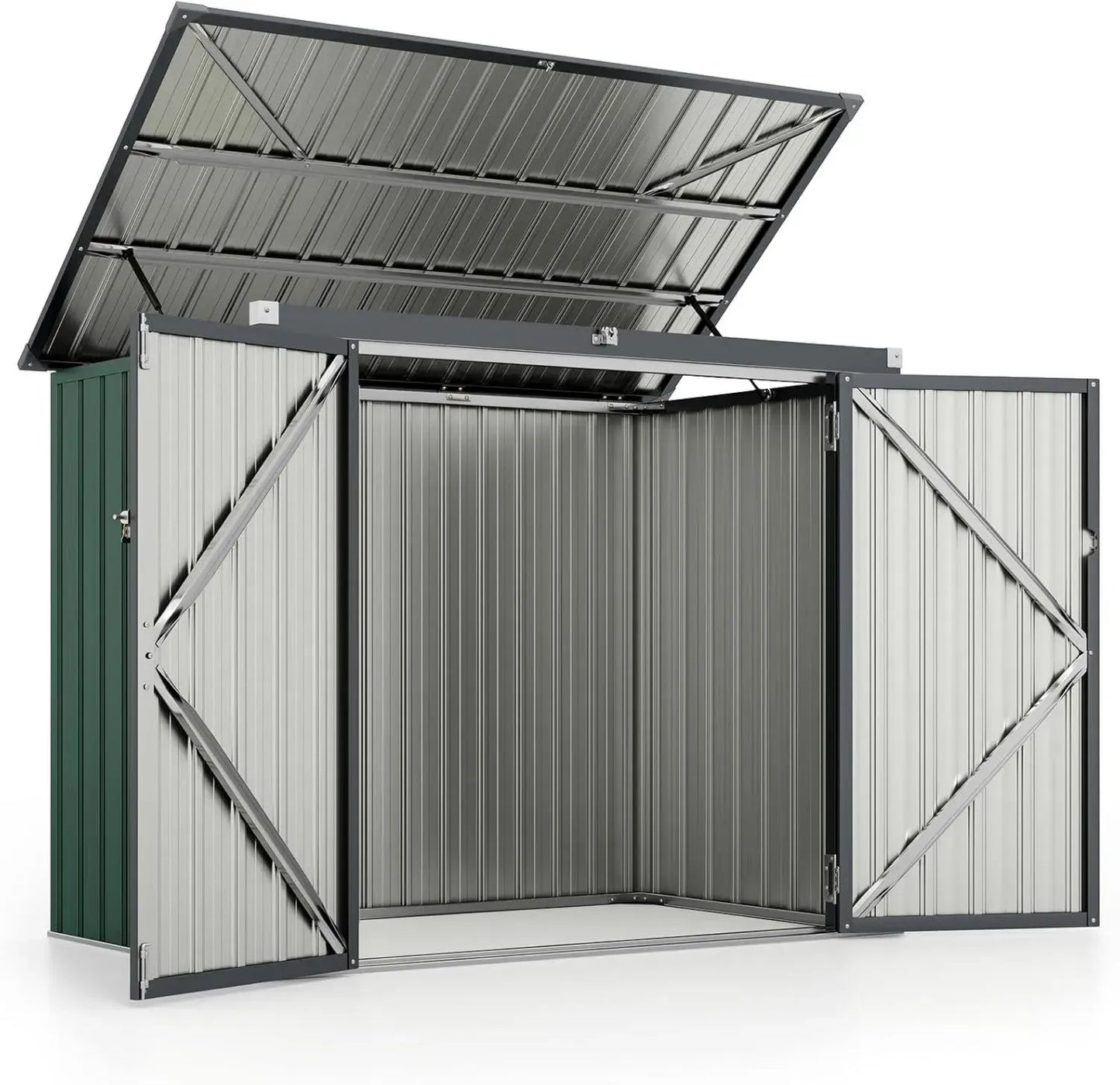 COSTWAY Abri de Jardin Métallique Verrouillable 1,5 m², Abri Extérieur pour Poubelle avec Toit Ouvert et Double Portes, Stockage Imperméable pour Vélos et Outils, Vert