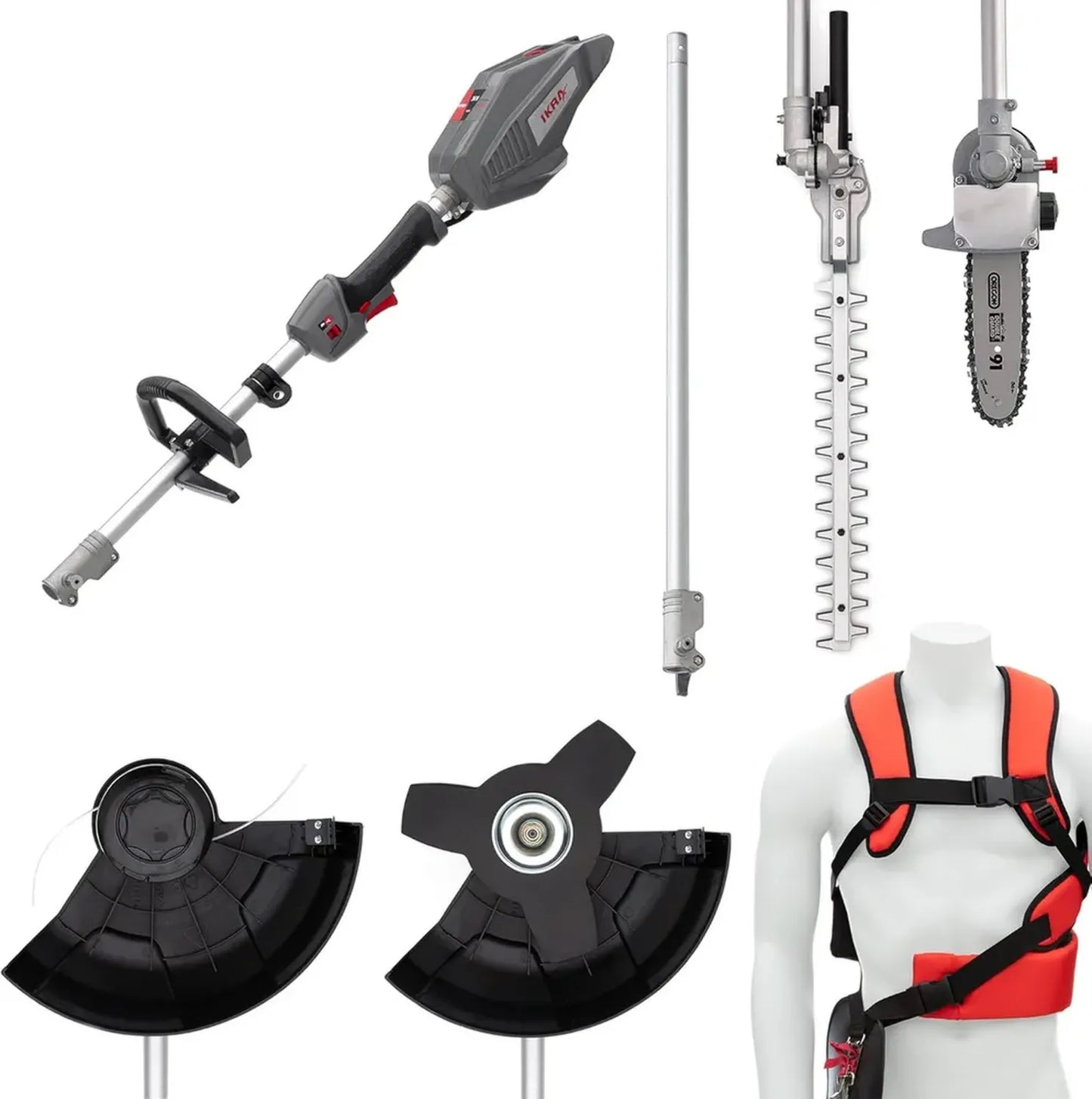 Outil Multifonction 36V 4-en-1 : Débroussailleuse, Coupe-Bordure, Taille-Haie et Ébrancheur - Accessoires Inclus et Compatible Bosch