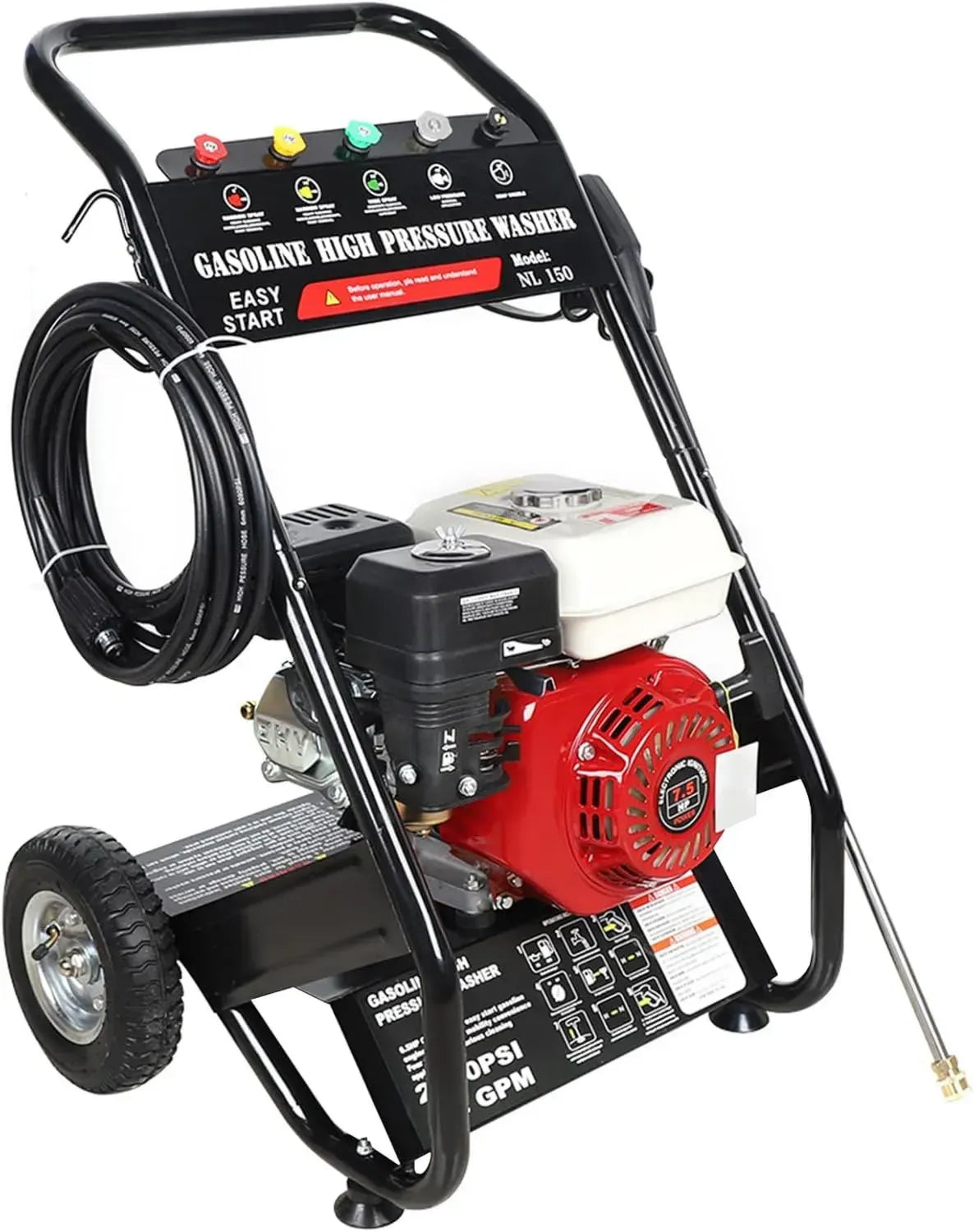 Nettoyeur haute pression 200 bar 7,5 CV, moteur 4 temps, tuyau 10m, 5 buses, usage domestique