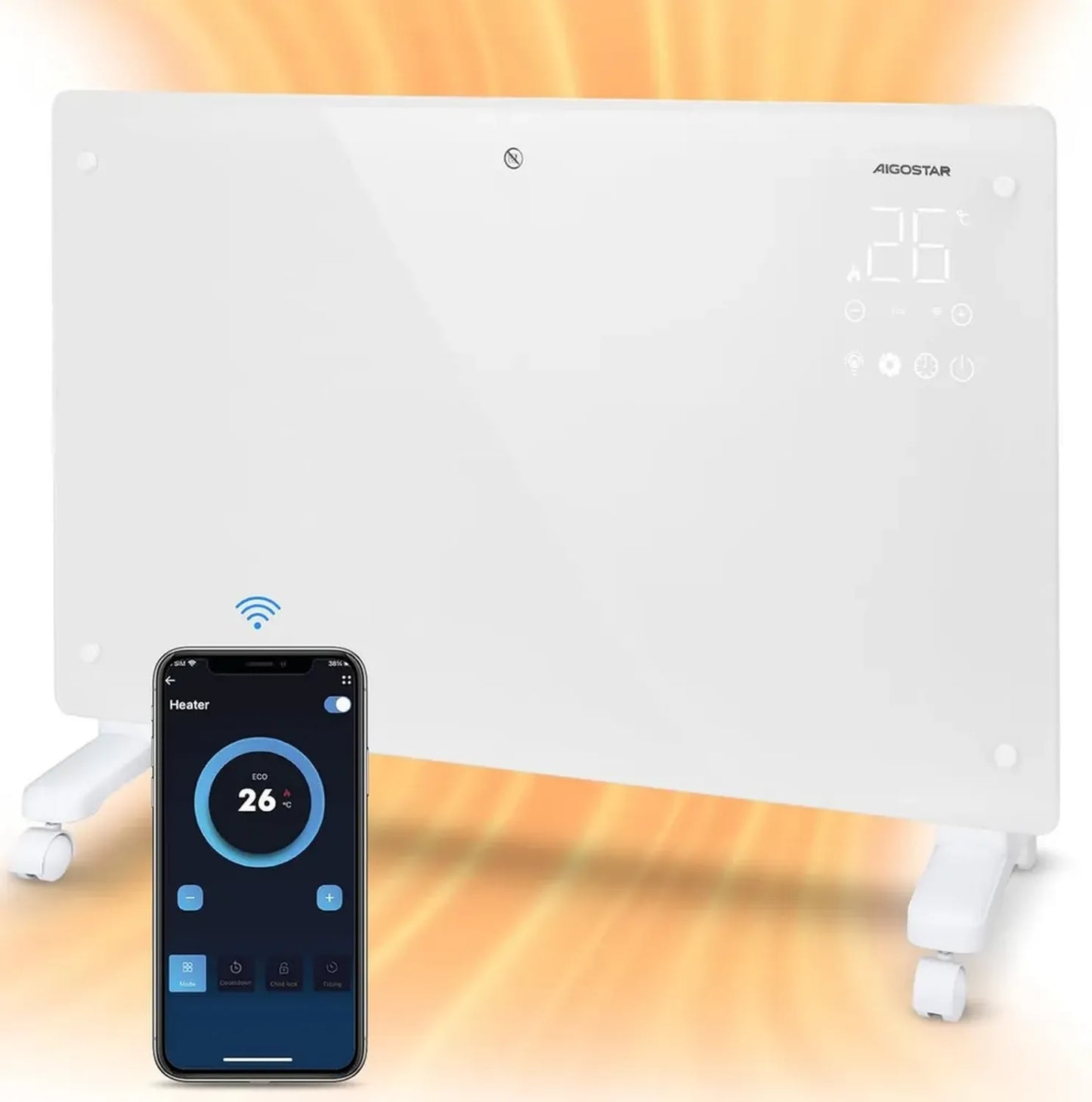 Radiateur Électrique Aigostar 2000W, Connectivité Wi-Fi, Compatible Alexa, 3 Modes, Écran Tactile LED, Minuterie 24h, Installation Murale ou sur Pied, Blanc