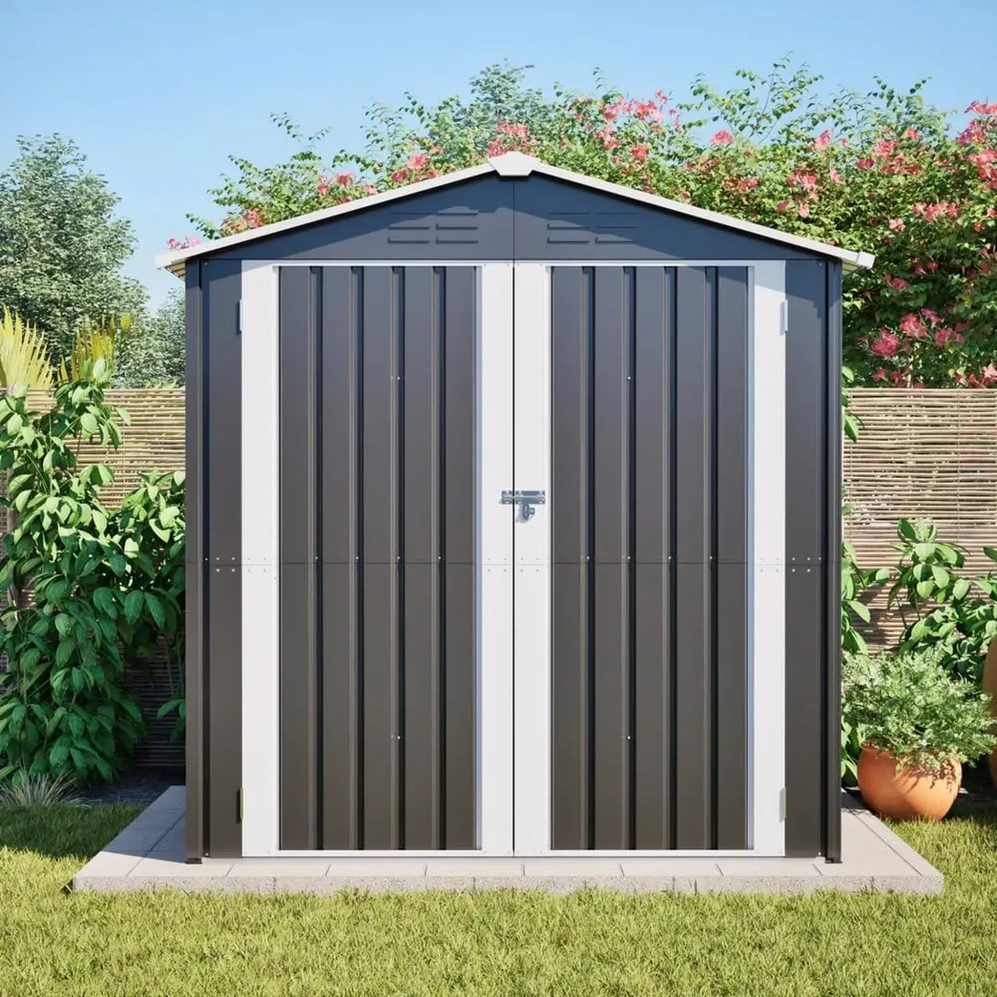 Abri de Jardin Métallique Gris avec Ventilation et Fondation, 142 x 185 cm, Porte Verrouillable, Résistant aux Intempéries