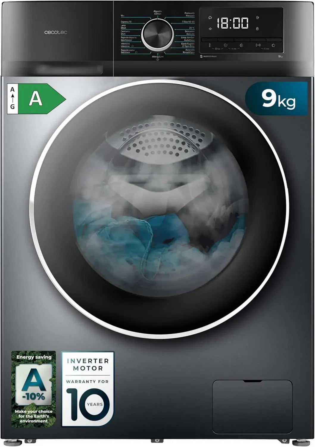 Lave-linge 9 kg Frontale Inverter Cecotec Dresscode 9500, 1400 tr/min, 16 Programmes, Fonction Vapeur, Classe A, Économie d'Énergie