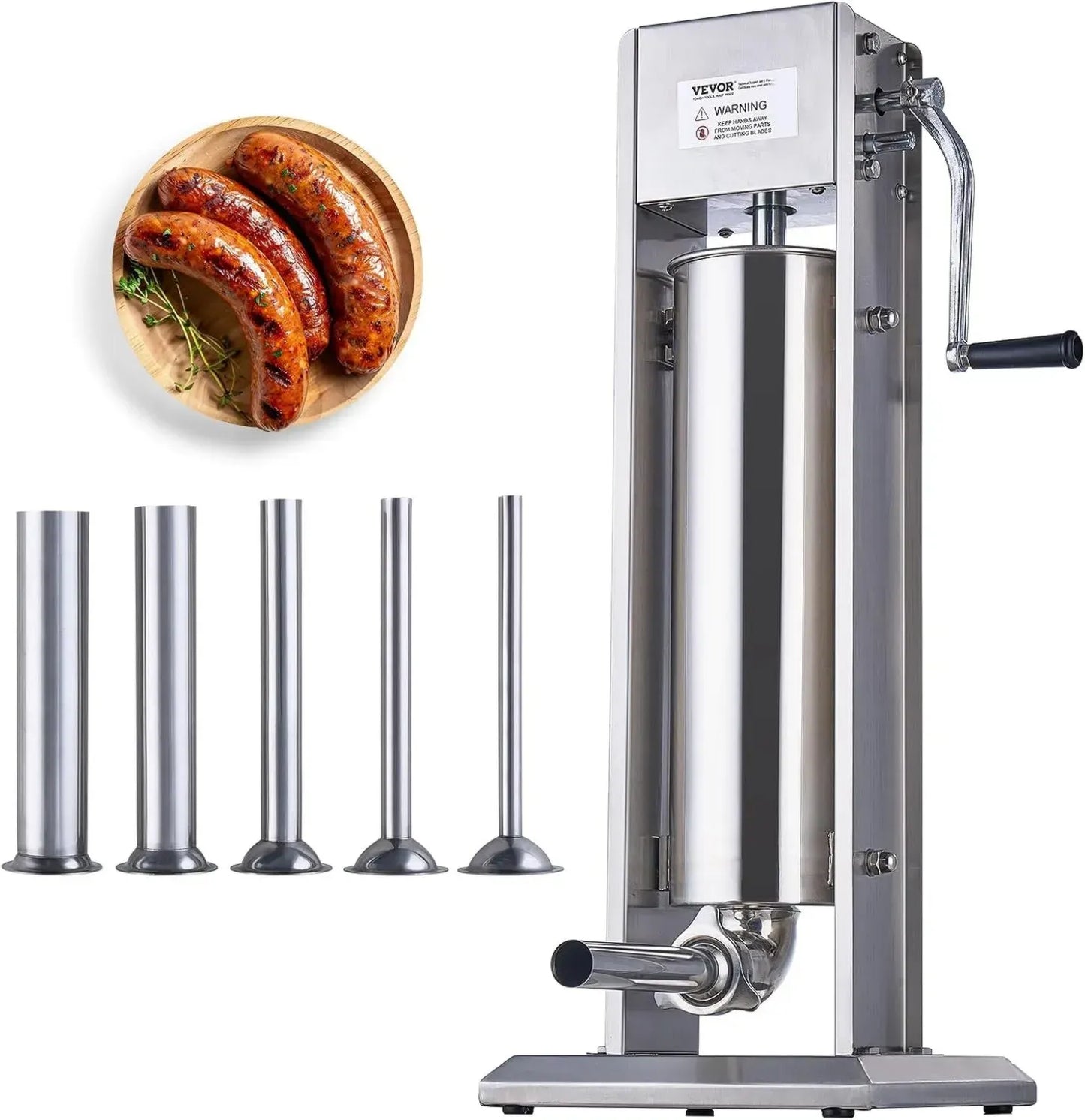 VEVOR Machine à Saucisses Manuelle 7L en Acier Inoxydable, Poussoir Vertical avec 5 Tubes pour Cuisine et Restaurant