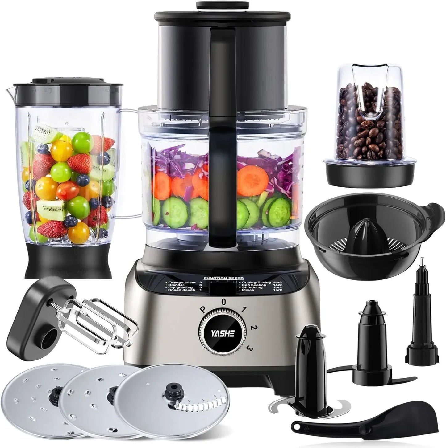 Robot de Cuisine Multifonction YASHE - 1300W, 3 Vitesses, Blender et Bol 2,5L, Mixeur, Presse-Agrumes, Pétrin