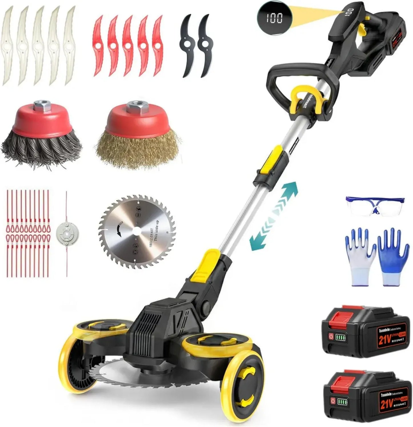 Tondeuse sans Fil 21V, Compatible Batteries Makita, Débroussailleuse avec Brosse de Désherbage, Inclut 2 Batteries 4.0Ah, Moteur 900W pour Pelouse et Jardin (Noir)