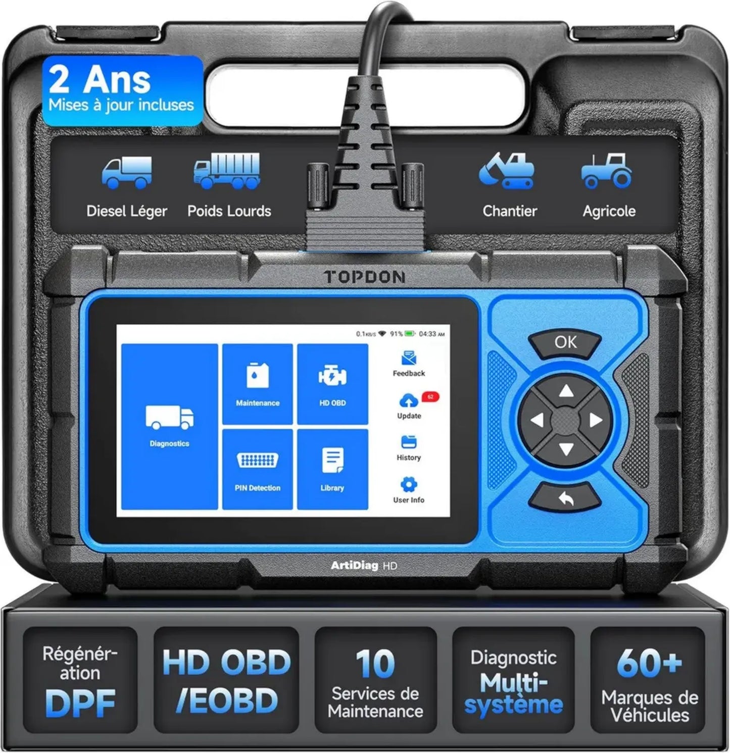 TOPDON ArtiDiag HD Outil de Diagnostic pour Poids Lourd, avec Systèmes Complet et 10 Fonctions de Réinitialisation