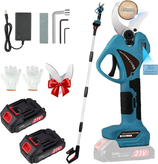 Sécateur Électrique Télescopique Sans Fil 45mm avec 2 Batteries 21V/2000mAh, Lame SK7 pour Vigne, Oliviers et Haies