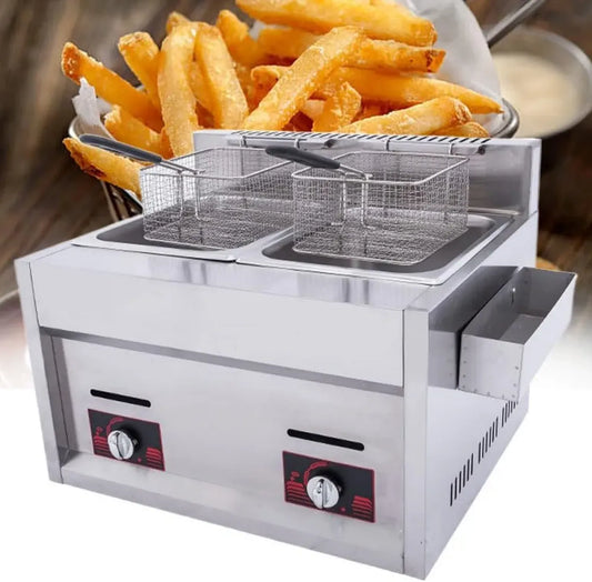 Friteuse à Gaz Professionnelle 20L en Acier Inoxydable avec Double Cuve et 2 Paniers