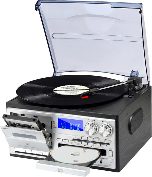 Tourne-disque multifonctions 9-en-1 avec Bluetooth, haut-parleurs intégrés, CD/Cassette et radio AM/FM, USB/SD/MMC, Noir