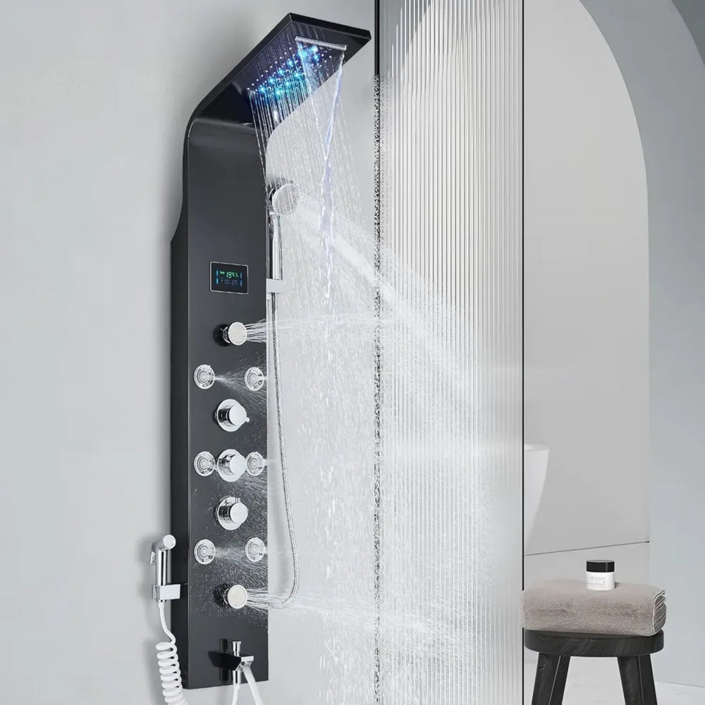 Système de Douche Noir LED Hydromassant avec 6 Fonctions et Douchette