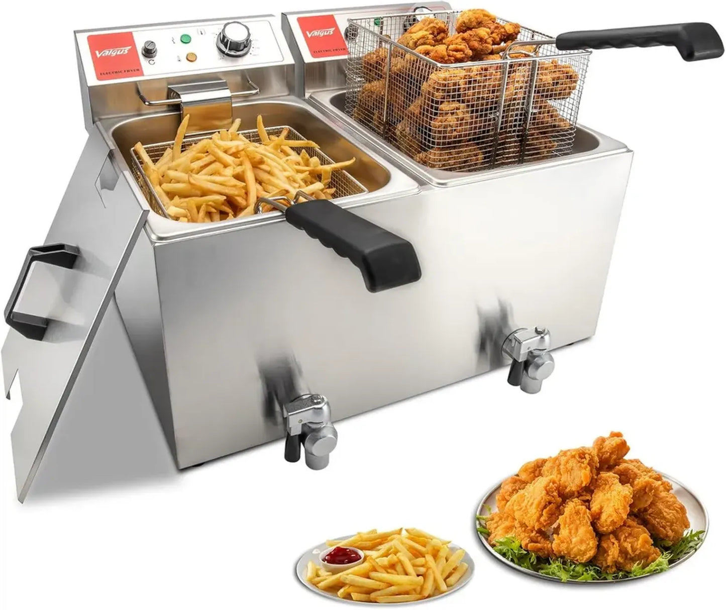 Friteuse Électrique Professionnelle à Double Cuve 3300W, Capacité 26L, Acier Inoxydable, avec Vidange, Panier et Couvercle, Pour Restaurants et Usage Commercial