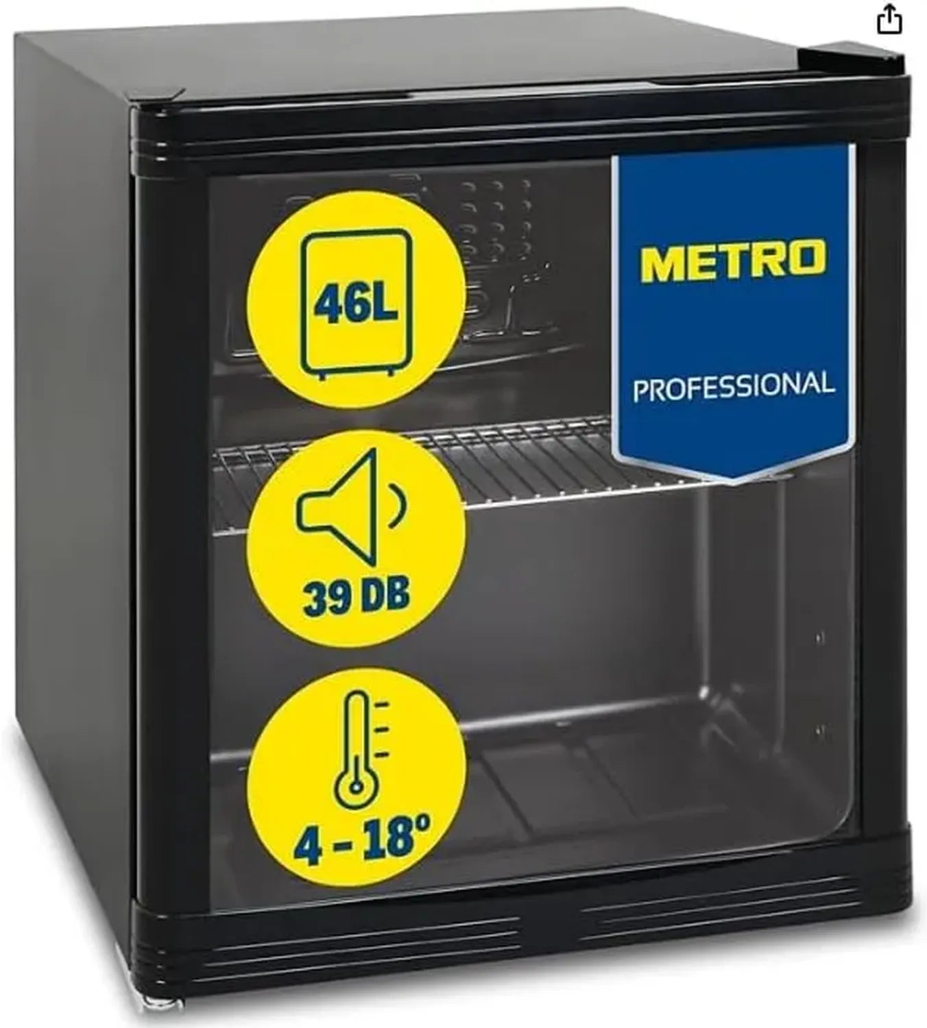 Réfrigérateur Minibar Professionnel METRO, Acier Inoxydable et Verre, 46 L, Froid Ventilé, Noir