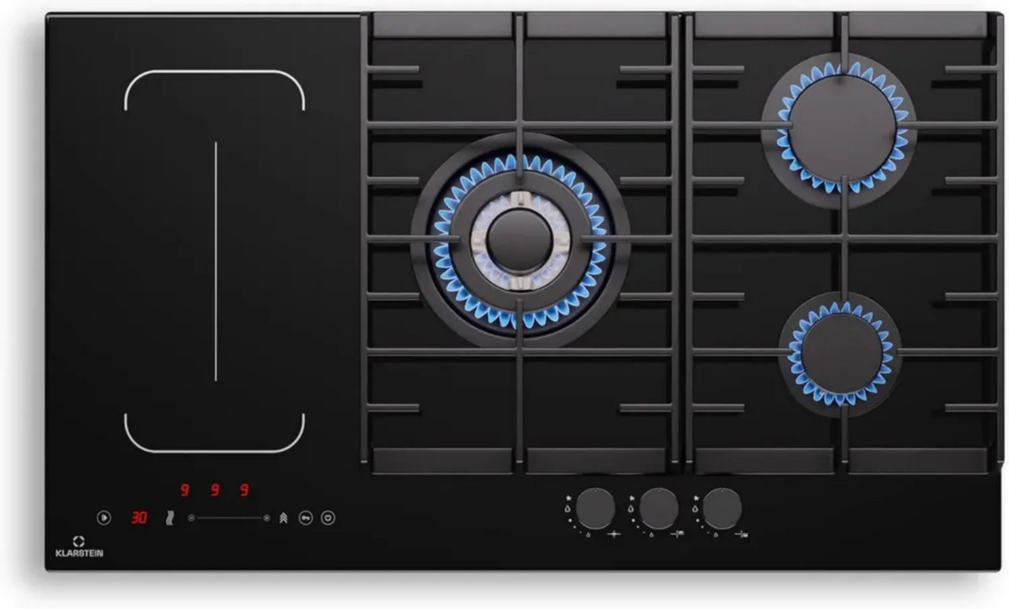 Klarstein MultiChef Plaque de Cuisson Mixte - 5 Zones Induction et Gaz, 10,6 kW, Commande Tactile, Fonction Stop&Go, Minuterie Intégrée, 87,5 cm, Noir