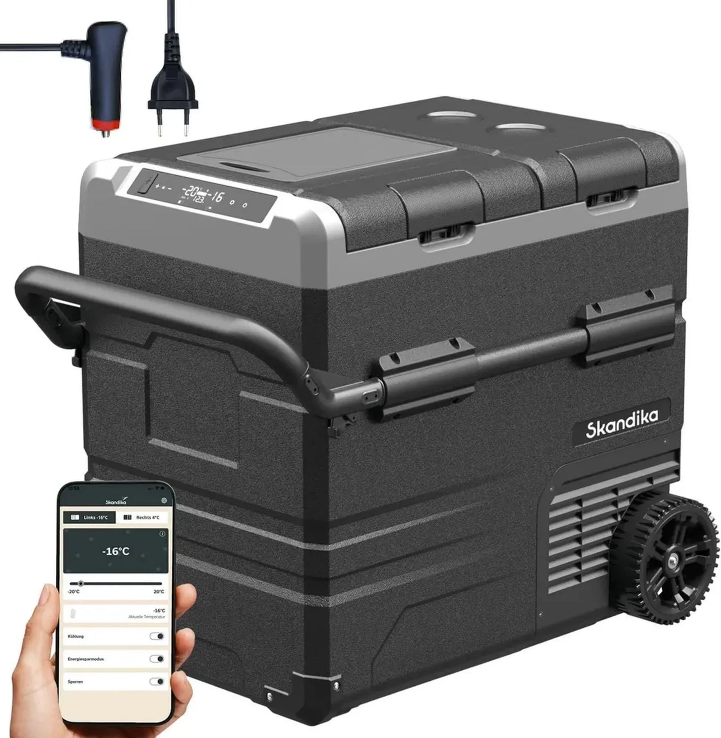 Glacière Connectée Skandika 35-55L, -20°C à +20°C, Mini Frigo 2 Zones, Silencieux, Mode Éco, 12V/220V, Pour Camping, Voiture, Caravane