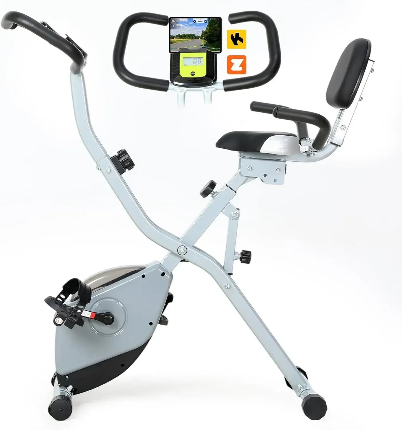 Vélo d'Appartement 2-en-1 Pliable ISE, Cardio avec Résistance Magnétique 8 Niveaux, Écran Multifonction, Dossier et Hauteur Réglables, Bluetooth Ergonomique