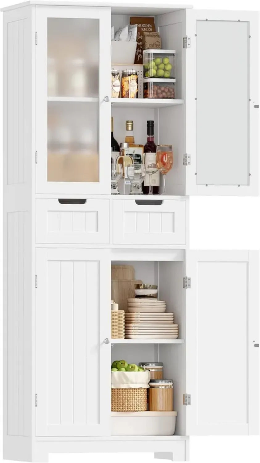 Armoire de Rangement Moderne avec 4 Portes et 2 Tiroirs, Vitrine Blanche de 170 cm pour Cuisine ou Salon