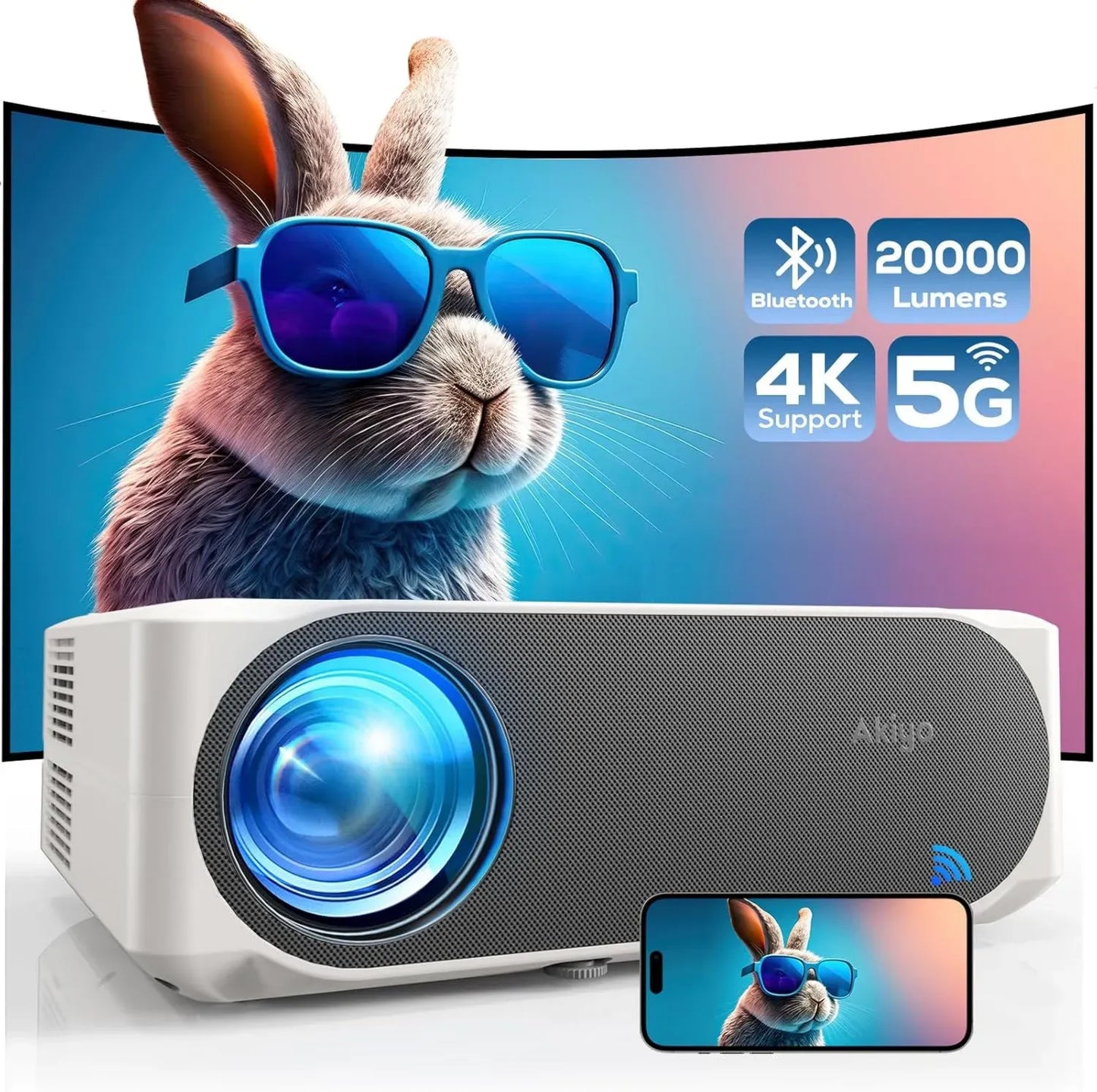 Projecteur 4K 20000 Lumens, WiFi6 Bluetooth 5.2, Cinéma Maison 300'' AKIYO O8 Compatible iOS/Android/PC/HDMI/USB/PS5