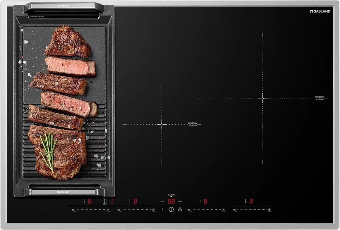 Plaque de Cuisson à Induction 4 Zones, 77 cm, Cadre Inox, Fonction BBQ et PowerBoost, 7000W