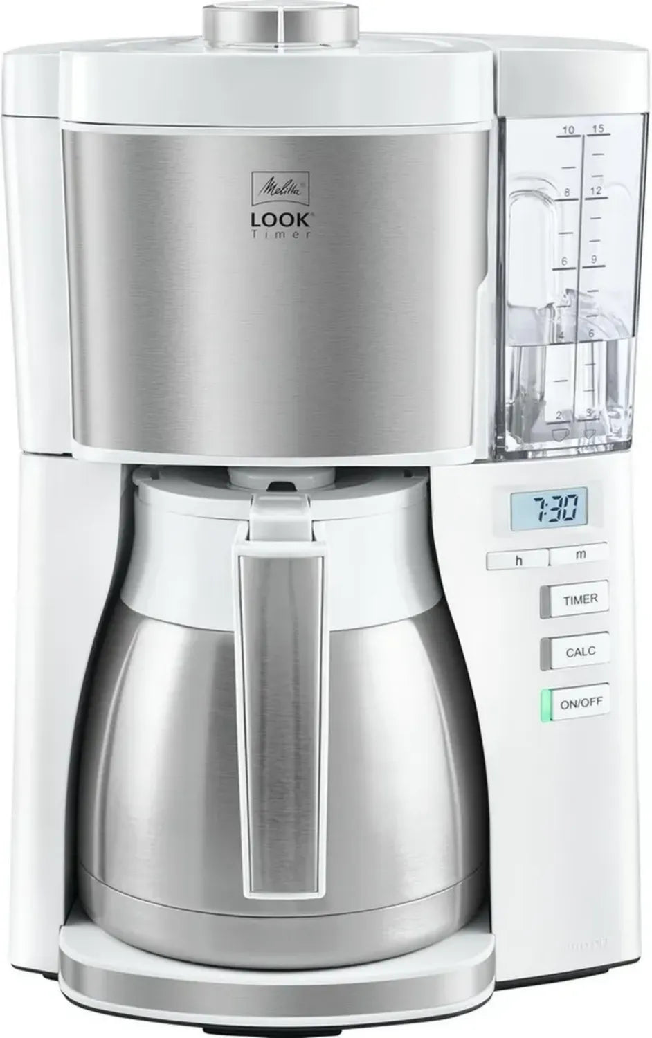 Cafetière filtre Melitta Look Therm Timer 10 tasses, fonction arrêt automatique, blanc/acier brossé, 1080W, 1,25L