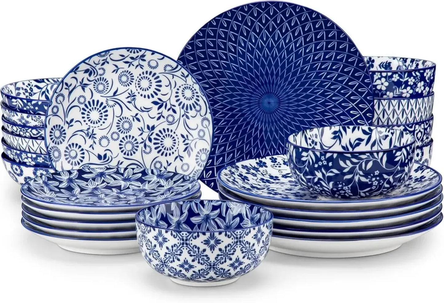 vancasso Selene Service de Table 24 Pièces, Vaisselle Bleu et Blanc en Porcelaine pour 6 Personnes - Assiettes Plates, Dessert, Creuses et Bols Compatibles Micro-ondes