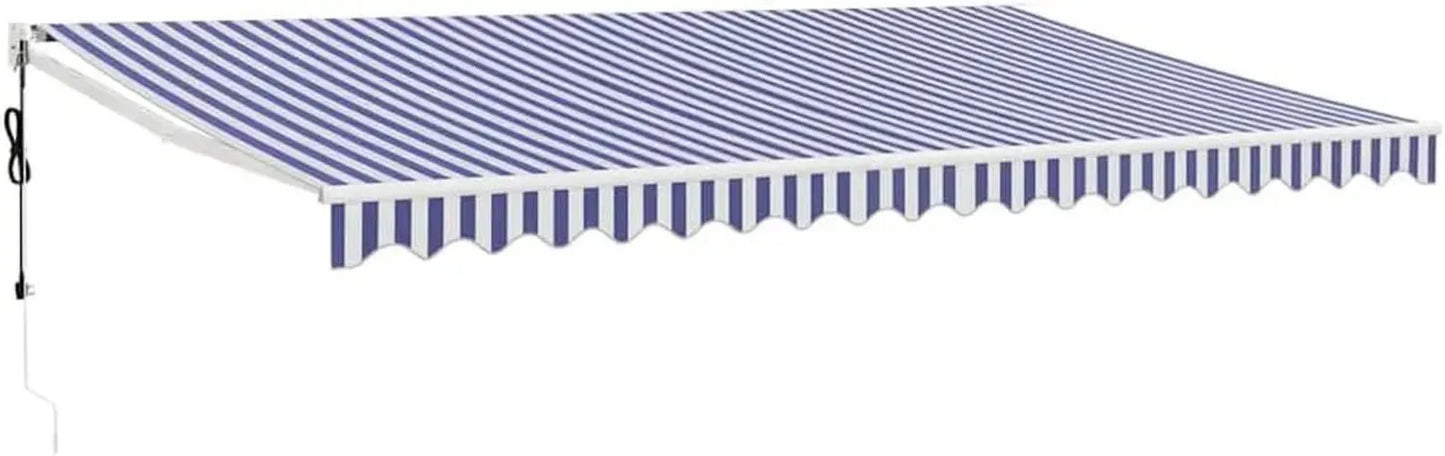 Auvent rétractable motorisé 5x3m, bleu et blanc, avec télécommande et manivelle, aluminium pulvérisé, tissu polyester anti-UV, protection solaire pour terrasse