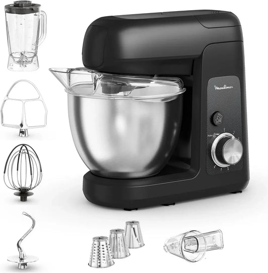 Moulinex Robot Pâtissier 1100 W, Bol 4,6L, Mixeur et Découpe-légumes, Résultats Parfaits, Noir