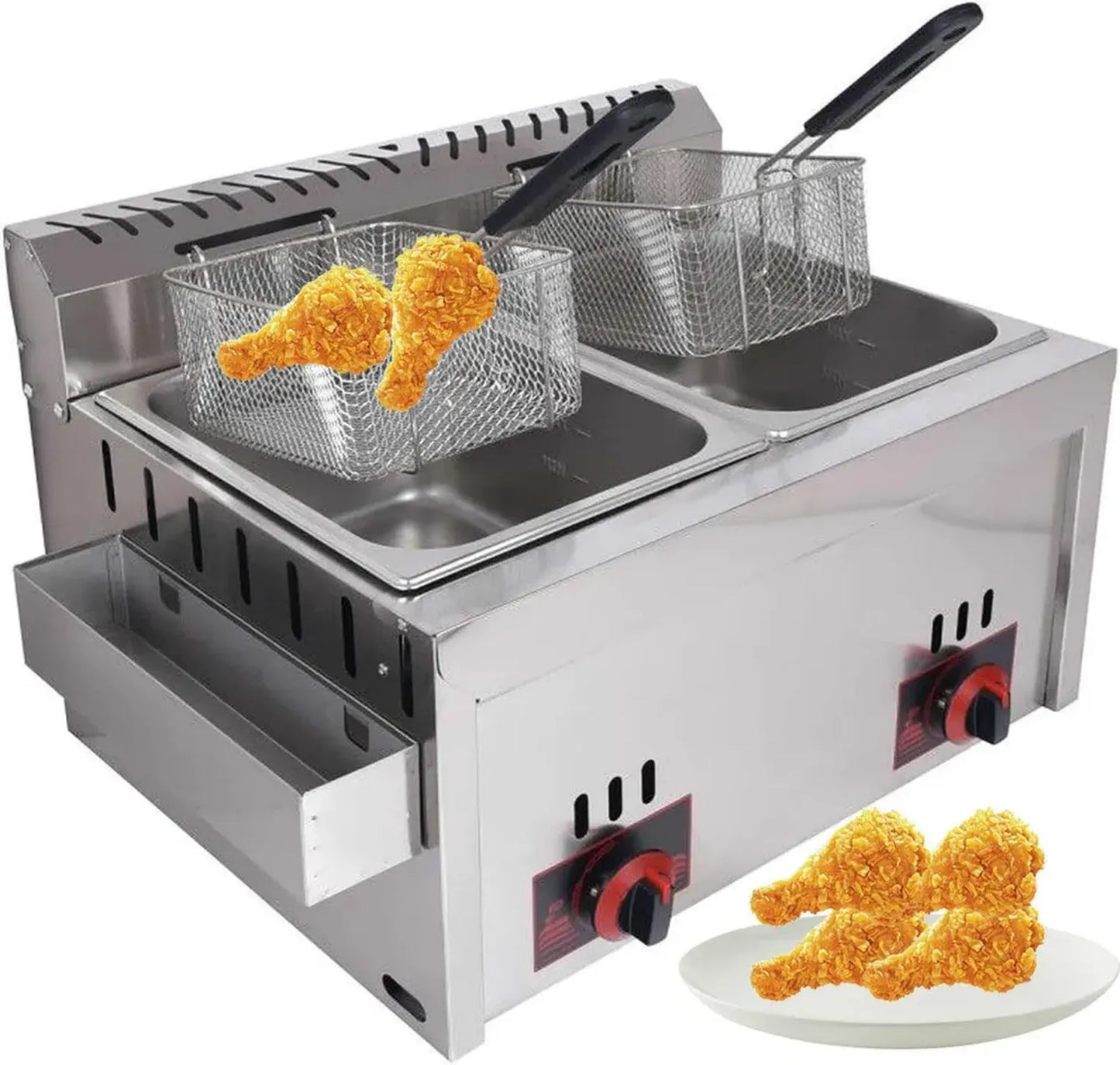 Friteuse à gaz en inox 20 L - Parfaite pour maison et restaurant, réglage facile, avec paniers et couvercles