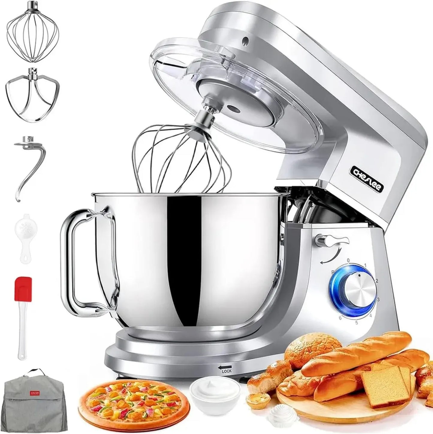 Robot pâtissier Cheflee 2000W, bol 8L en inox, 6 vitesses avec fonction pulse, accessoires complets, housse anti-poussière