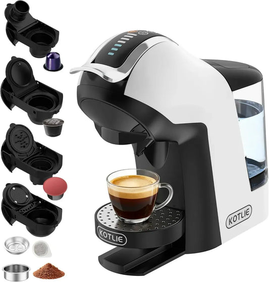 Cafetière à Capsules 5 en 1, Compatible Nespresso, Dolce Gusto, Lavazza Mio, LOR, Café Moulu, EM-308B Blanche