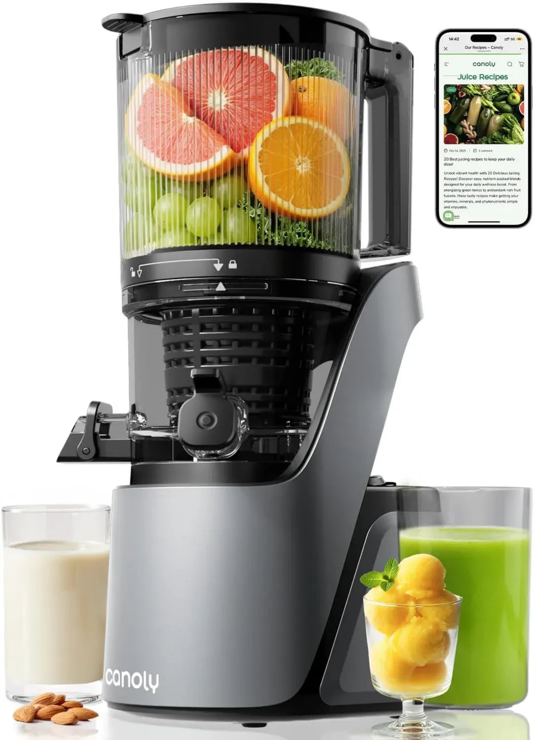 Extracteur de Jus à Froid Canoly, Baie de Remplissage XL, Double Filtre pour Jus et Sorbet, Moteur AC Puissant, Nettoyage Facile