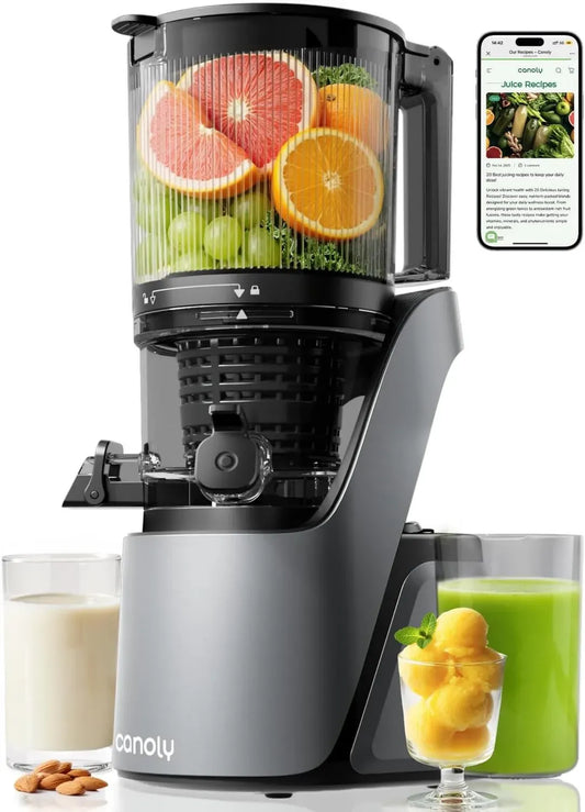 Extracteur de Jus à Froid Canoly, Baie de Remplissage XL, Double Filtre pour Jus et Sorbet, Moteur AC Puissant, Nettoyage Facile